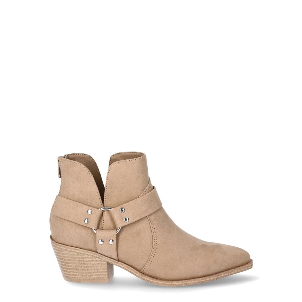 Time And True Women Suede Western Ankle Booties With Buckle Detail & Stacked Hee